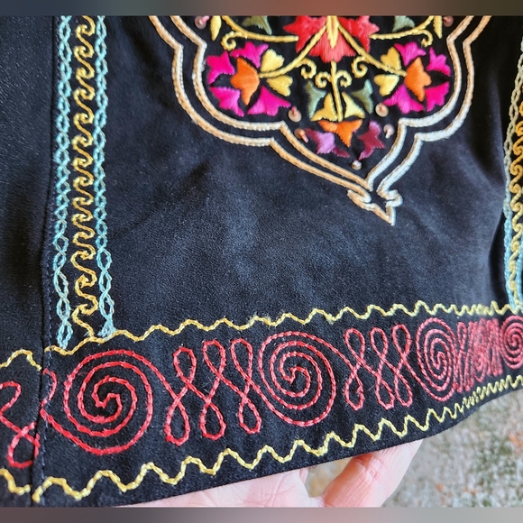 DOUBLE D RANCH Black Suede Embroidery Mongolian Lamb Fur Collar Cuffs Jacket NWT - Picture 11 of 16